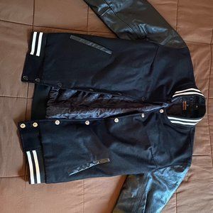 Deckra Black Leather/Wool Blend Varsity Jacket - Size M